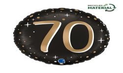 BALLON METALLIQUE ROND NOIR CHIFFRE OR 70 ANS 46 CM 