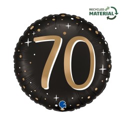 BALLON METALLIQUE ROND NOIR CHIFFRE OR 70 ANS 46 CM