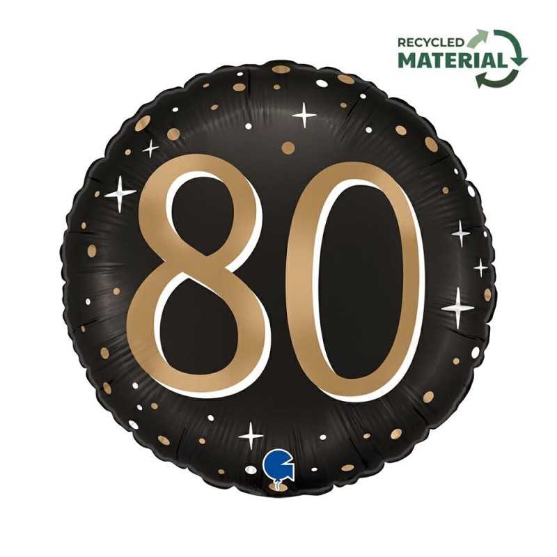 BALLON METALLIQUE ROND NOIR CHIFFRE OR 80 ANS 46 CM