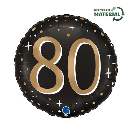 BALLON METALLIQUE ROND NOIR CHIFFRE OR 80 ANS 46 CM 