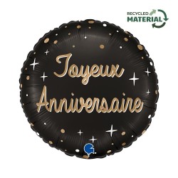 BALLON METALLIQUE ROND NOIR ECRITURE OR JOYEUX ANNIVERSAIRE 46 CM