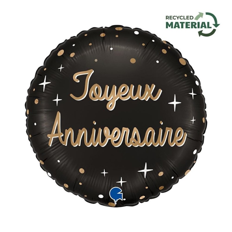 BALLON METALLIQUE ROND NOIR ECRITURE OR JOYEUX ANNIVERSAIRE 46 CM  BALLON METALLIQUE ROND NOIR ECRITURE OR JOYEUX ANNIVERSAIRE 46 CM