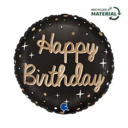 BALLON METALLIQUE ROND NOIR ECRITURE OR HAPPY BIRTHDAY 46 CM