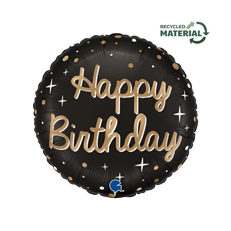 BALLON METALLIQUE ROND NOIR ECRITURE OR HAPPY BIRTHDAY 46 CM 