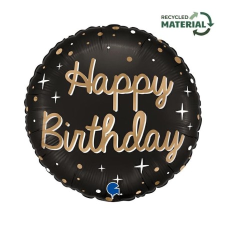 BALLON METALLIQUE ROND NOIR ECRITURE OR HAPPY BIRTHDAY 46 CM 
