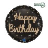 BALLON METALLIQUE ROND NOIR ECRITURE OR HAPPY BIRTHDAY 46 CM