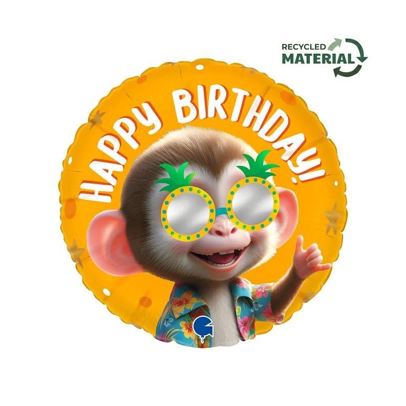 BALLON METALLIQUE ROND SINGE A LUNETTES RIGOLO HAPPY BIRTHDAY 46 CM  BALLON METALLIQUE ROND SINGE A LUNETTES RIGOLO HAPPY BIRTHDAY 46 CM