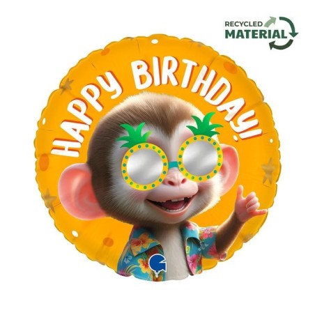 BALLON METALLIQUE ROND SINGE A LUNETTES RIGOLO HAPPY BIRTHDAY 46 CM 