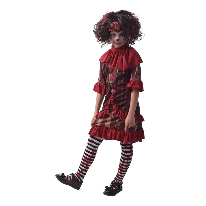 DEGUISEMENT HALLOWEEN CLOWN DIABOLIQUE ROBE+ COL ENFANT FILLE HORREUR 5-6 ANS