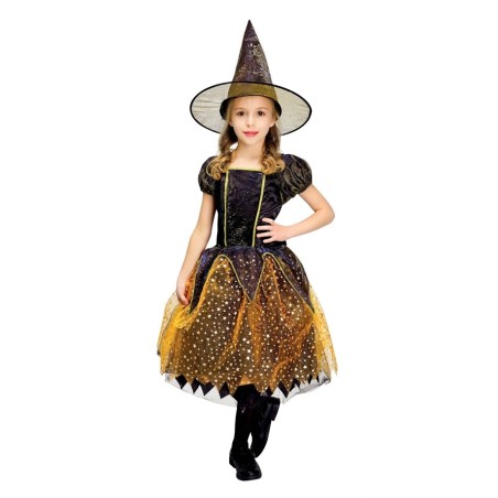 DEGUISEMENT HALLOWEEN SORCIERE ROBE ORANGE ETOILES BRILLANTES OR 5-6 ANS