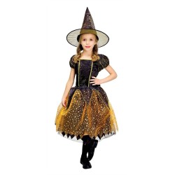 DEGUISEMENT HALLOWEEN SORCIERE ROBE ORANGE ETOILES BRILLANTES OR 7-9 ANS