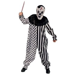 DEGUISEMENT HALLOWEEN CLOWN ARLEQUIN NOIR ET BLANC COMBINAISON + CAGOULE L-XL