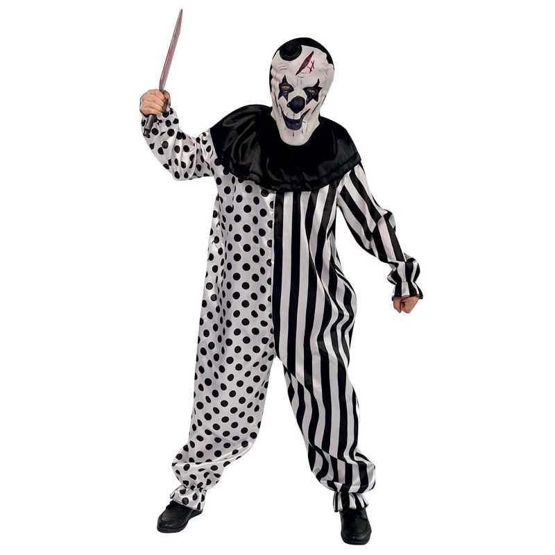 DEGUISEMENT HALLOWEEN CLOWN ARLEQUIN NOIR ET BLANC COMBINAISON + CAGOULE L-XL