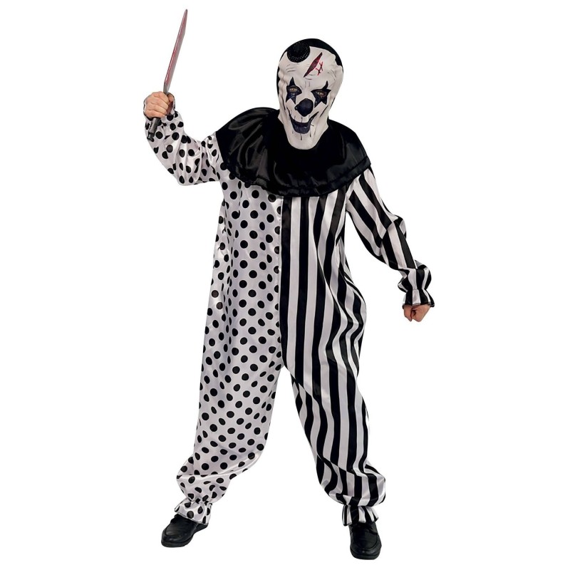 DEGUISEMENT HALLOWEEN CLOWN ARLEQUIN NOIR ET BLANC COMBINAISON + CAGOULE S-M