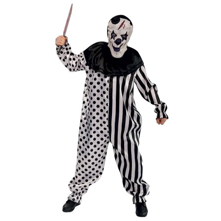 DEGUISEMENT HALLOWEEN CLOWN ARLEQUIN NOIR ET BLANC COMBINAISON + CAGOULE S-M