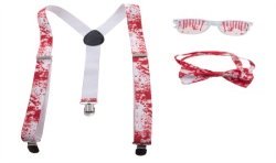 KIT ACCESSOIRES HALLOWEEN BLANC AVEC SANG BRETELLES LUNETTES ET NOEUD PAPILLON