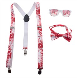 KIT ACCESSOIRES HALLOWEEN BLANC AVEC SANG BRETELLES LUNETTES ET NOEUD PAPILLON