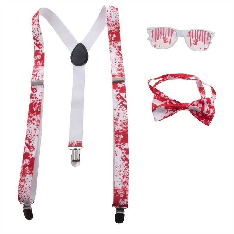 KIT ACCESSOIRES HALLOWEEN BLANC AVEC SANG BRETELLES LUNETTES ET NOEUD PAPILLON