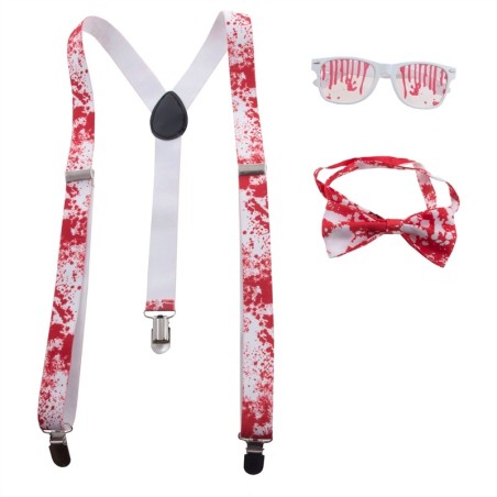 KIT ACCESSOIRES HALLOWEEN BLANC AVEC SANG BRETELLES LUNETTES ET NOEUD PAPILLON