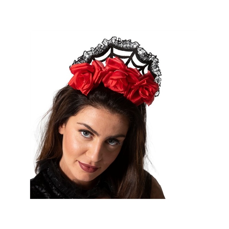 DIADEME SERRE TETE FLEURS ROSES ROUGES MANTLLE DENTELLE NOIRE