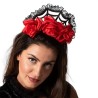 DIADEME SERRE TETE FLEURS ROSES ROUGES MANTLLE DENTELLE NOIRE