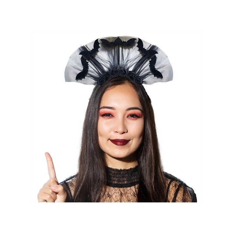 DIADEME SERRE TETE CHAUVES SOURIS MANTLLE TULLE NOIR