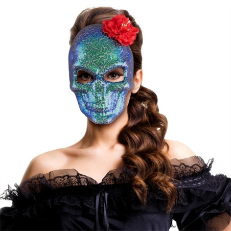 MASQUE TETE DE MORT PAILLETTES OU SEQUINS BLEU VERT DECOR ROSE ROUGE