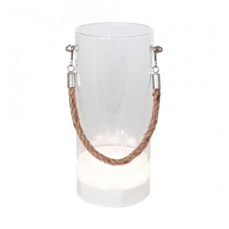 VASE VERRE SUPPORT LUMINEUX 7 LEDS AV/ ANSE JUTE DIA 9.5CM X 20CM
