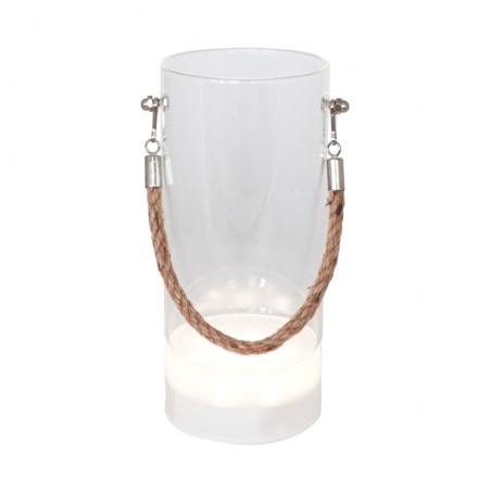 VASE VERRE SUPPORT LUMINEUX 7 LEDS AV/ ANSE JUTE DIA 9.5CM X 20CM