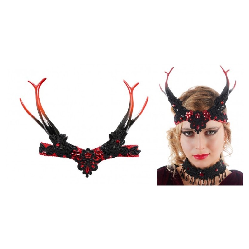 COIFFE GOTHIQUE ROUGE ET NOIRE AVEC CORNES 