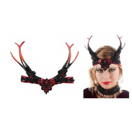 COIFFE GOTHIQUE ROUGE ET NOIRE AVEC CORNES 