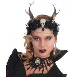COIFFE GOTHIQUE NOIRE AVEC CORNE ET TETE DE MORT