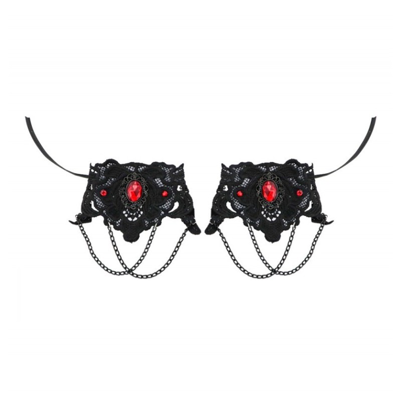 LOT 2 MANCHETTES GOTHIQUES NOIRES DENTELLE ET PIERRE ROUGE
