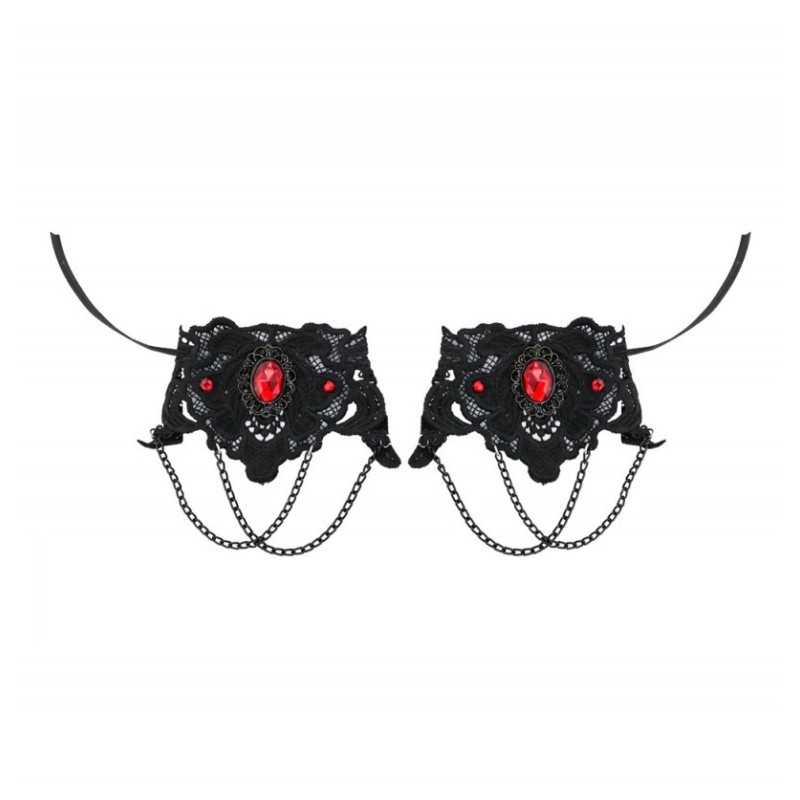 LOT 2 MANCHETTES GOTHIQUES NOIRES DENTELLE ET PIERRE ROUGE