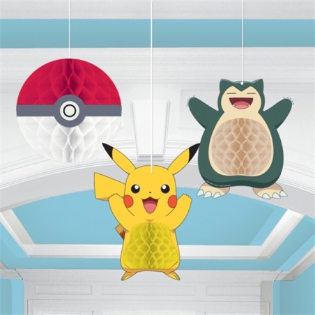 3 DECORATIONS NID D'ABEILLE POKEMON PIKACHU A SUSPENDRE