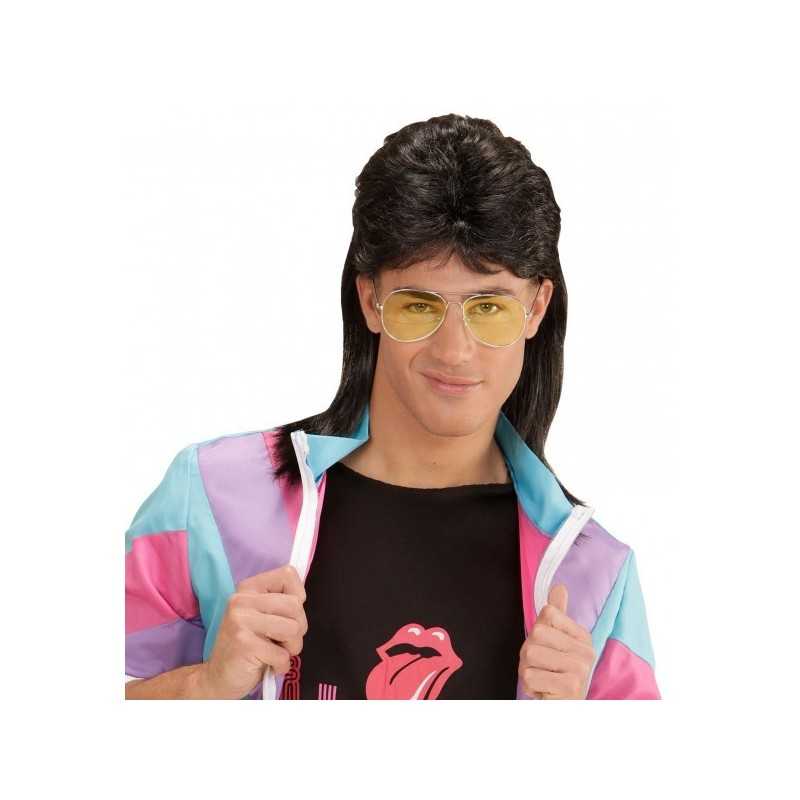PERRUQUE MULET NOIRE ANNEES 80 AVEC LUNETTES 
