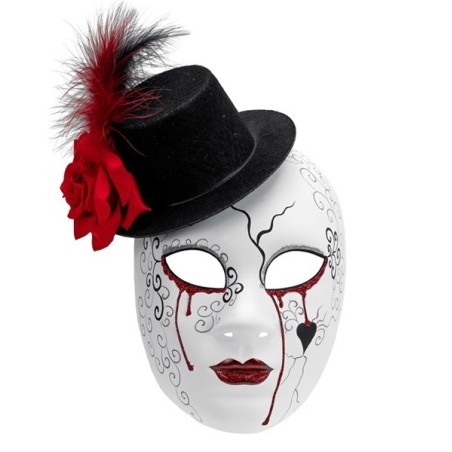 MASQUE COMEDIA DEL ARTE FEMME LARMES DE SANG CHAPEAU ROSE ROUGE