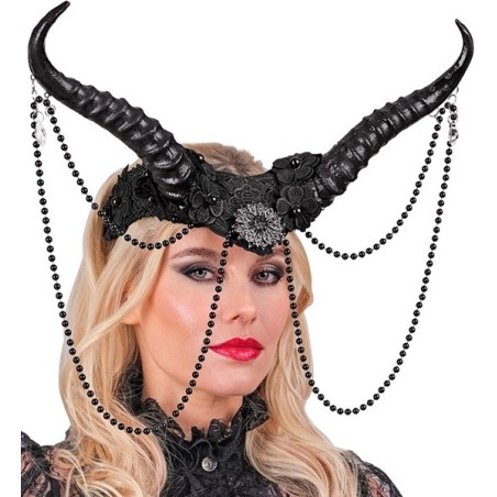 COIFFE OU TOUT DE TETE CORNES GOTHIQUES NOIRES + PERLES