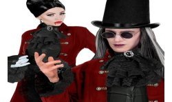 JABOT EN DENTELLE NOIR AVEC BIJOU PIERRE ET SES MANCHETTES 