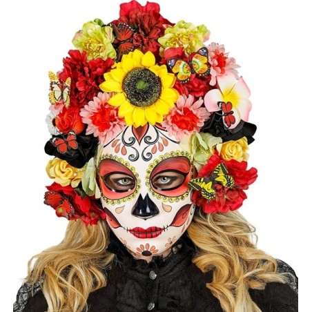 MASQUE DIA DE LOS MUERTOS AVEC TOURNESOL ET FLEURS COLORÉES