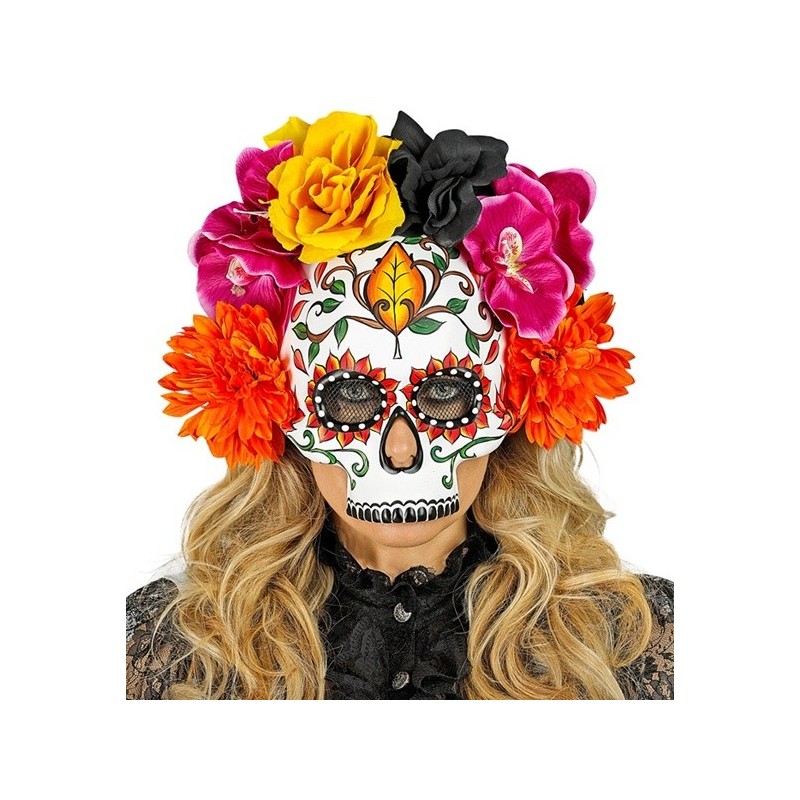 MASQUE DIA DE LOS MUERTOS MASQUE CRÂNE AVEC FLEURS COLORÉES MASQUE DIA DE LOS MUERTOS MASQUE CRÂNE AVEC FLEURS COLORÉES