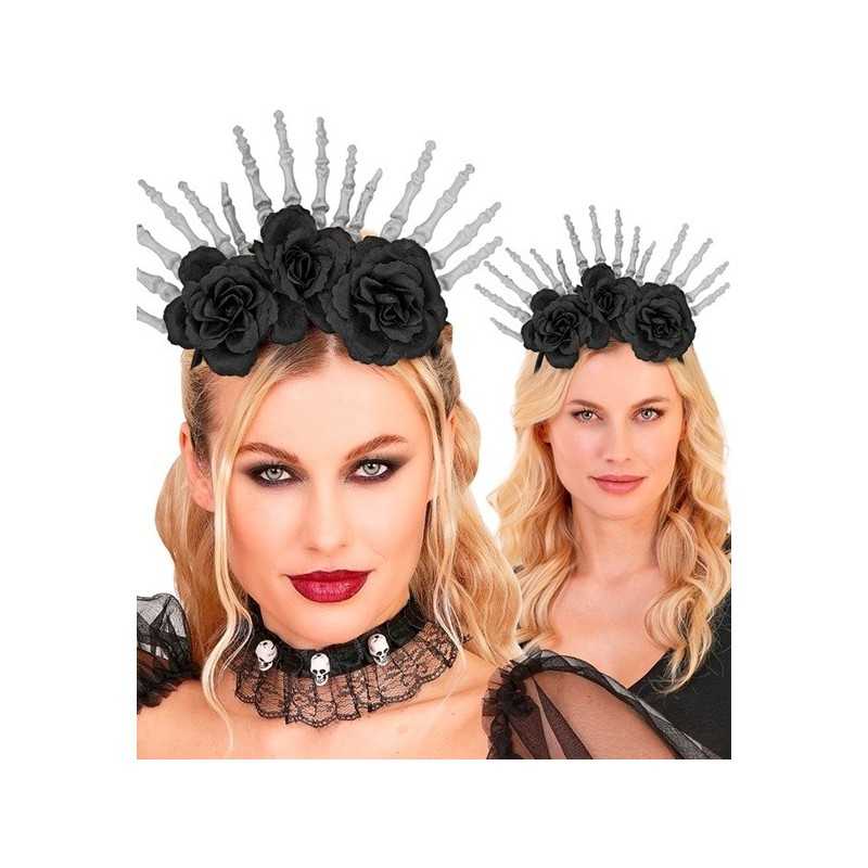 Serre-tête Squelette Avec Roses Noires Pour Halloween - Accessoire Déguisement Femme, Enfant, Flexible Et Léger