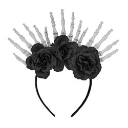 SERRE-TETE  AVEC MAINS DE SQUELETTE ET ROSES NOIRES