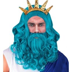 PERRUQUE BARBE ET MOUSTACHE DIEU DE L'OLYMPE POSSEIDON OU NEPTUNE TURQUOISE