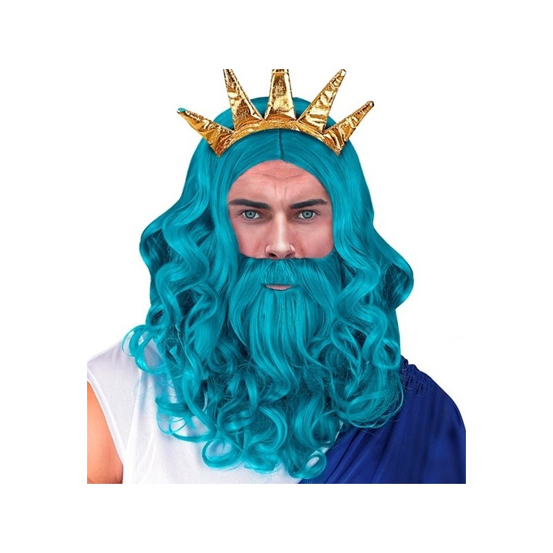 PERRUQUE BARBE ET MOUSTACHE DIEU DE L'OLYMPE POSSEIDON OU NEPTUNE TURQUOISE PERRUQUE BARBE ET MOUSTACHE DIEU DE L'OLYMPE POSSEIDON OU NEPTUNE TURQUOISE