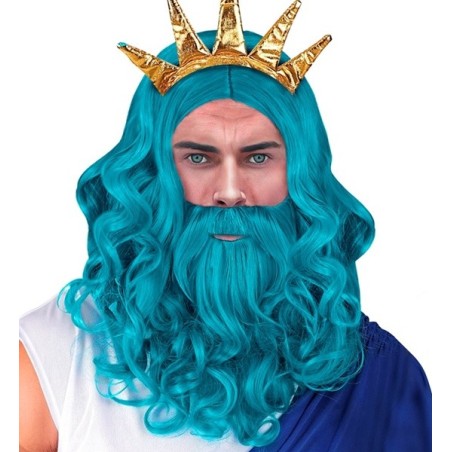 PERRUQUE BARBE ET MOUSTACHE DIEU DE L'OLYMPE POSSEIDON OU NEPTUNE TURQUOISE