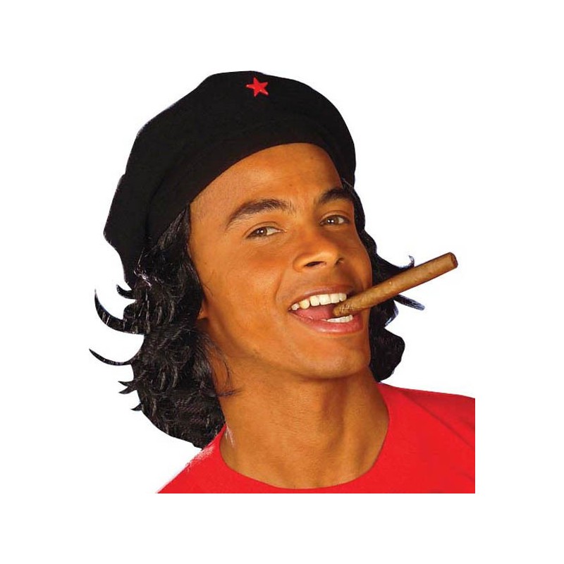 CHAPEAU CASQUETTE BERET NOIR ETOILE ROUGE CHE GUEVARA AVEC CHEVEUX  CHAPEAU CASQUETTE BERET NOIR ETOILE ROUGE CHE GUEVARA AVEC CHEVEUX