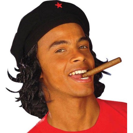 CHAPEAU CASQUETTE BERET NOIR ETOILE ROUGE CHE GUEVARA AVEC CHEVEUX 
