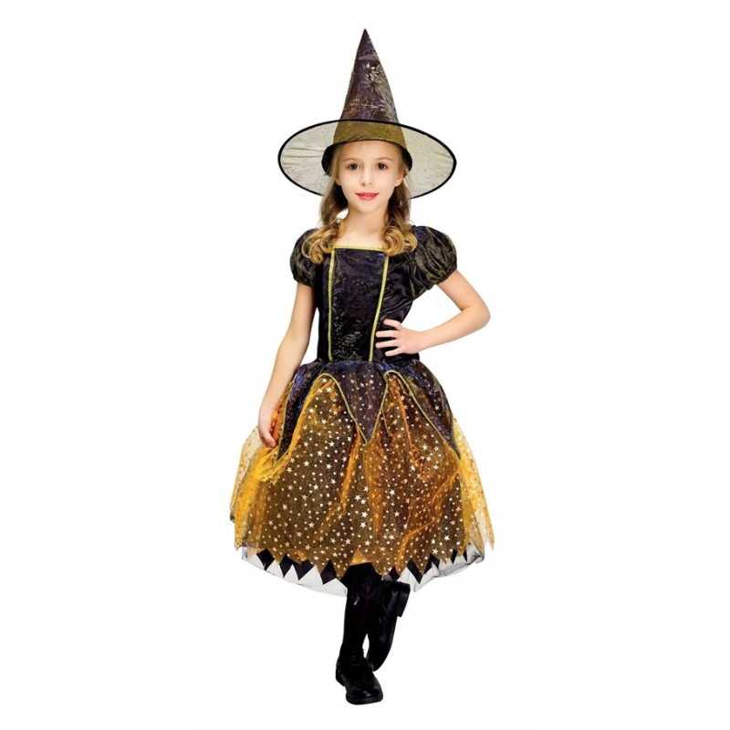 DEGUISEMENT HALLOWEEN SORCIERE ROBE ORANGE ETOILES BRILLANTES OR 3-4 ANS