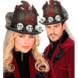 CHAPEAU VAUDOU HAUT DE FORME + VOILE NOIR PLUMES ROUGE ROSES NOIRES TETE DE MORT